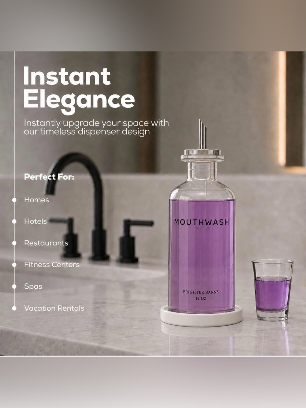 ✴️New✴️ Glass Mouthwash Dispenser w Cup for Bathroom by Brighter Barns